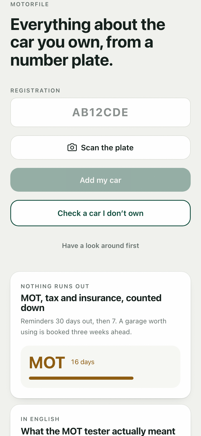 Motorfile: the opening screen, asking for a registration.