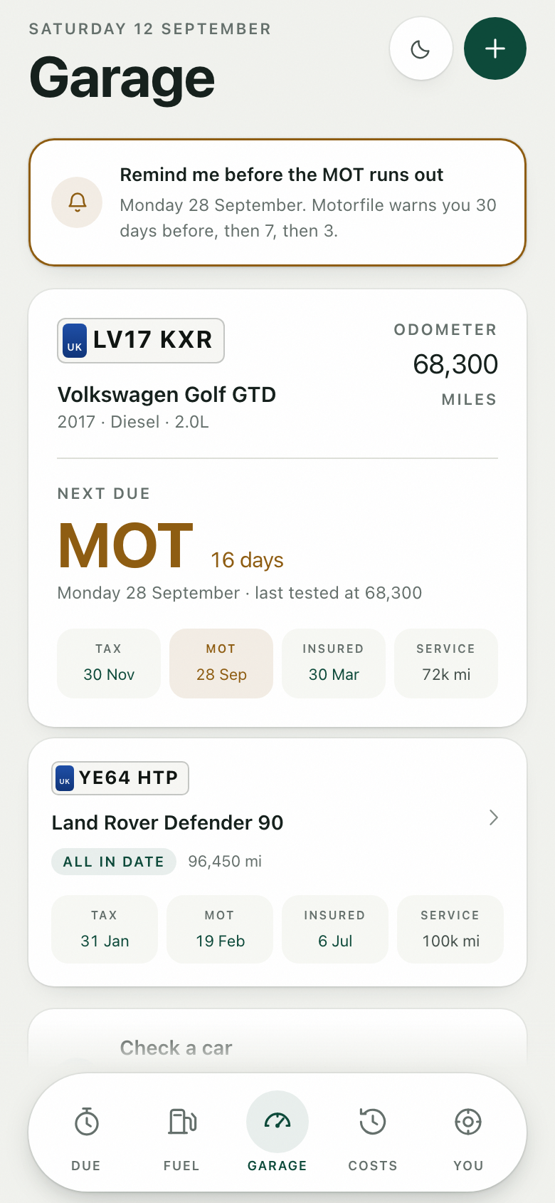 Motorfile: a garage of three cars with what is due next.