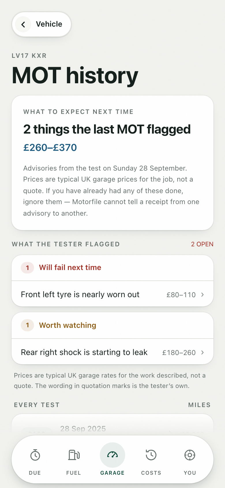 Motorfile: MOT advisories translated into plain English with prices.