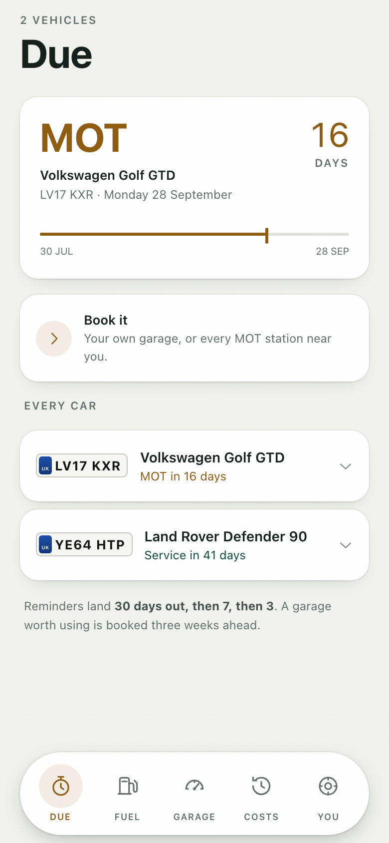 Motorfile: everything due across every vehicle, soonest first.