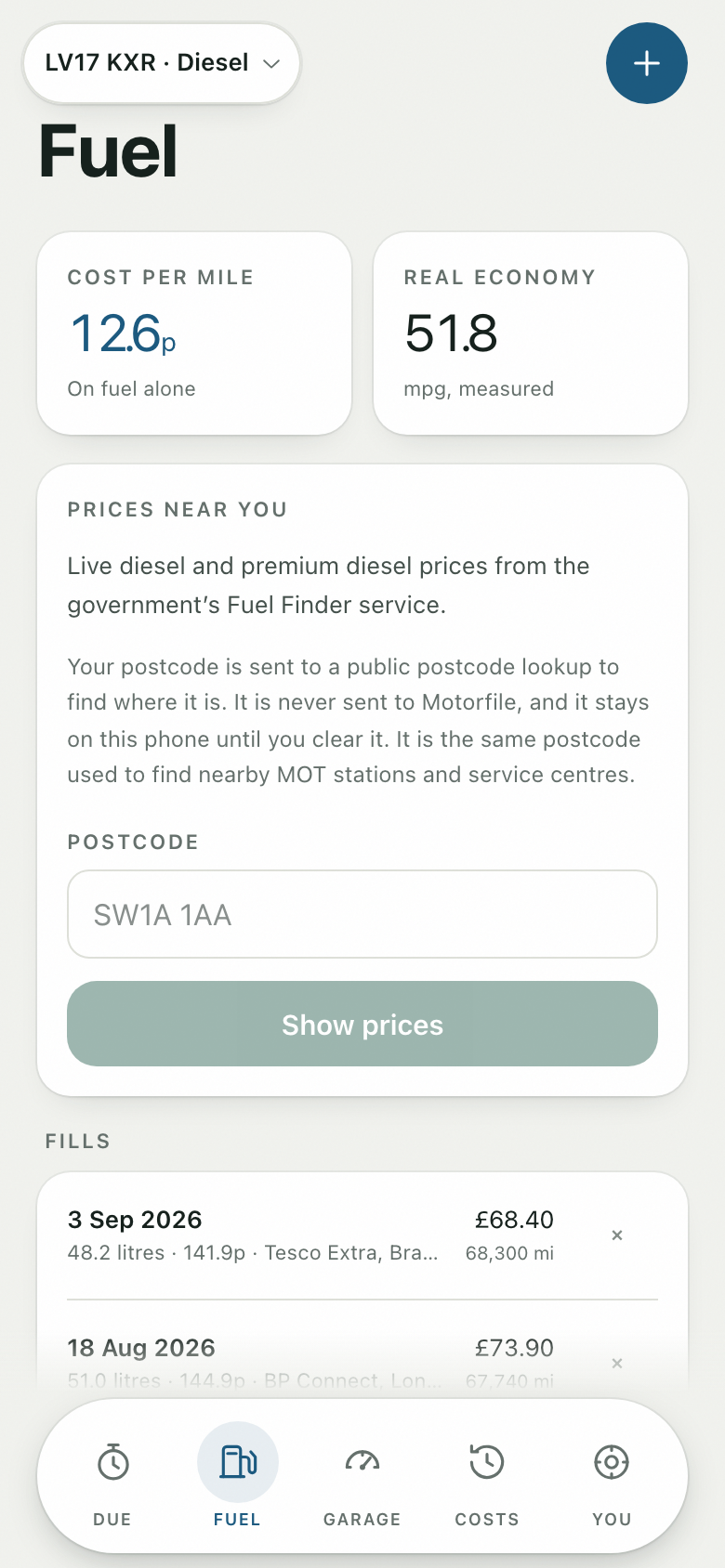 Motorfile: real measured economy and cost per mile from logged fills.
