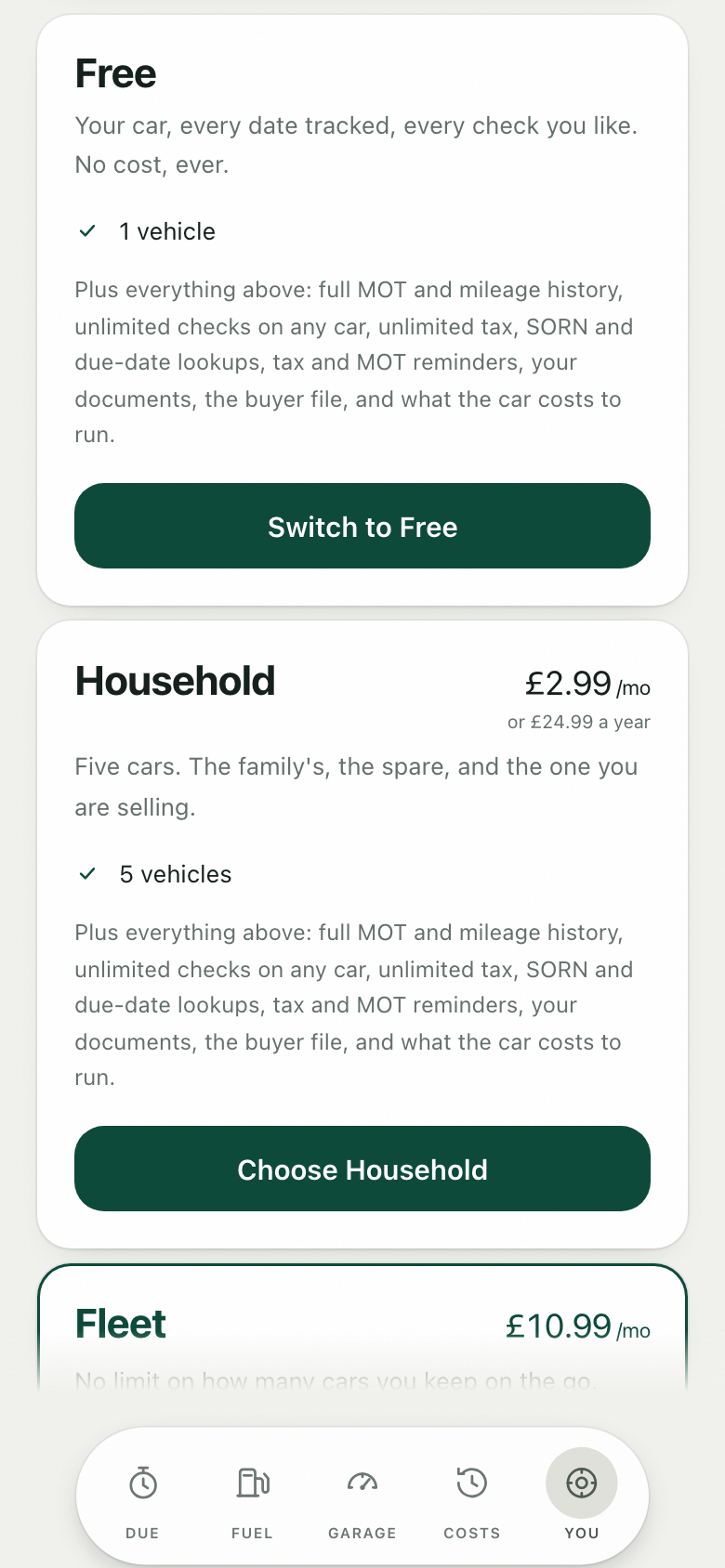 Motorfile: the three plans &mdash; Free, Household and Fleet.