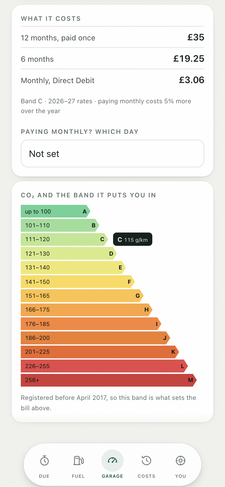 Motorfile: road tax at 12 months, 6 months and monthly, with the CO2 band that sets it.
